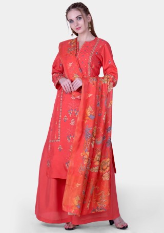 Coral Red Embroidered Kurta with Palazzo and Dupatta