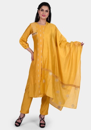 Yellow Viscose Chanderi Embroidered Kurta Set