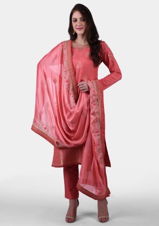 Coral Pink Muslin Jacquard Kurta Pant with Heavy Embroidered Dupatta