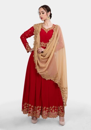 Classy Red Zari Embroidered Flared Salwar Suit