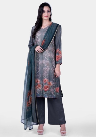 Multi Colour Embellished Floral Printed Silk Suit Set