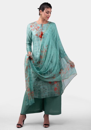 Digital Printed Pastel Green Jacquard Silk Salwar Suit Set