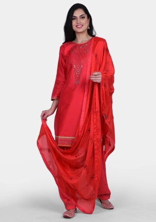 Coral Red Jam Silk Embroidered Salwar Suit Set