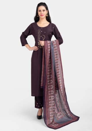 Purple Chinnon Silk Digital Printed and Embroidered Suit