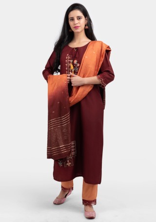 Red Brown Embroidered Kurta Set Paired with Viscose Jacquard Dupatta