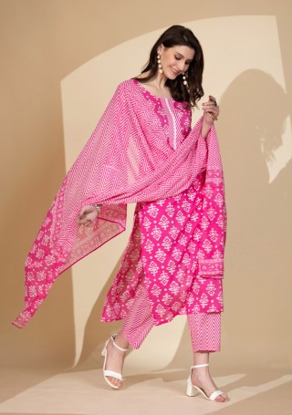 Pink Printed Cotton Kurta Pant & Dupatta Set