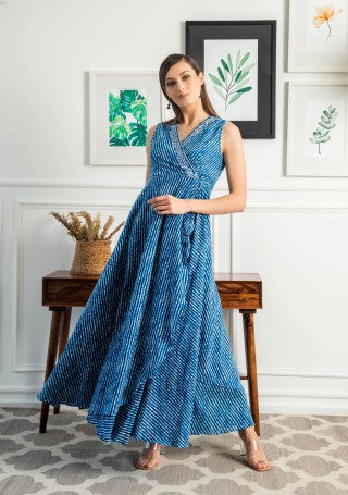 Royal Blue Allover Leheriya Cotton Printed Dress