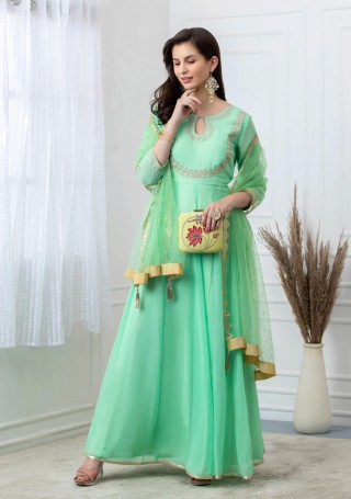 Pistachio Green Embroidered Georgette Gown with Dupatta