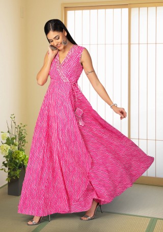 Pink Allover Lehariya Cotton Printed Double layered Dress