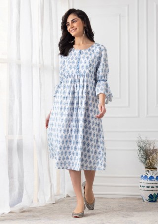 White & Blue Printed Cotton Flared Dress