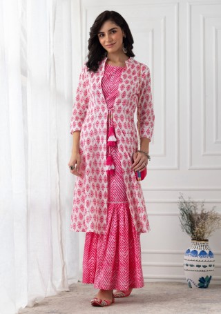 White & Pink Jacket Crop Top Sharara Set