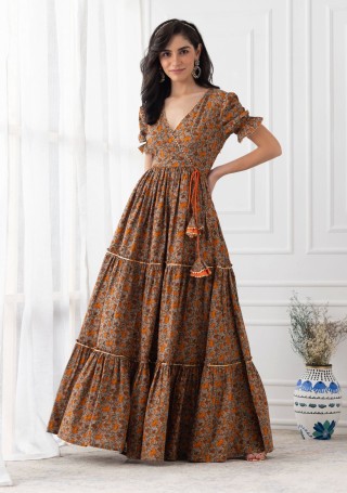 Earthy Brown Long Tiered Multi-Coloured Floral Printed Dress