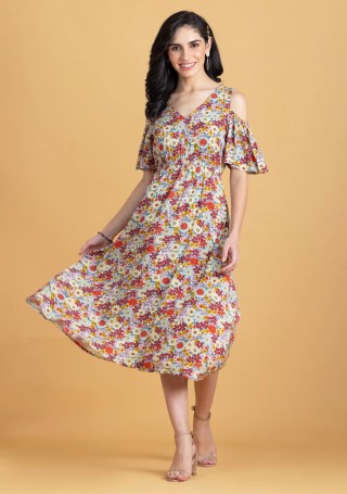 Multi Colour Floral Print Rayon Cold Shoulder Midi Dress