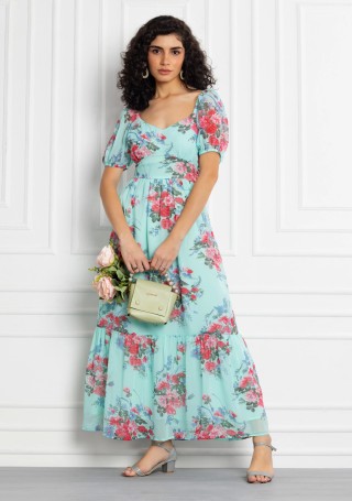 Mint Colour Floral Print Georgette Maxi Dress