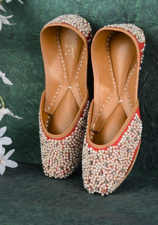 Red Hand Embroidered Beaded Leather Jutti