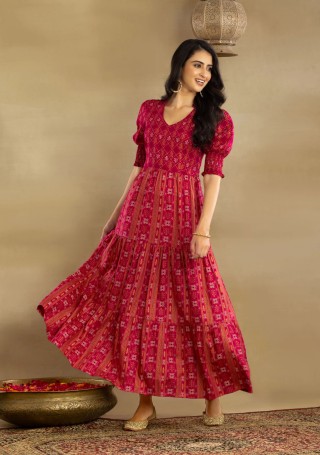 Fuchsia Pink Rayon Ethnic Print Tiered Maxi Dress