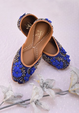 Royal Blue applique flower Hand Embroidered Jutti