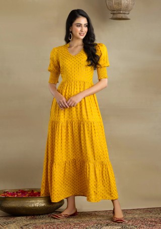 Yellow Rayon Ethnic Block Print Tiered Maxi Dress