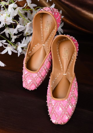 Pink Sequins Hand Embroidered Pure Leather Jutti