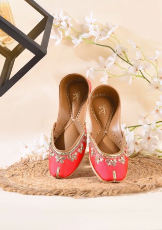 Coral Hand Embroidered Pure Leather Jutti