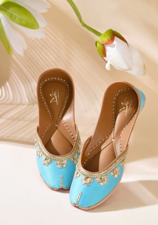 Turquoise Hand Embroidered Pure Leather Jutti