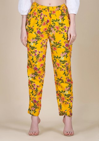 Yellow Floral Print Rayon Narrow Pants
