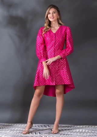 Fuchsia pink Foil Printed High Low Crepe Silk Dress