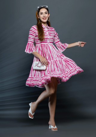 Pink & White Shibori Printed Pure Cotton Dress