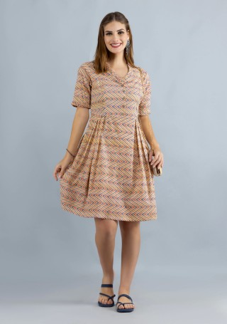 Beige Printed Pure Cotton Fit & Flare  Dress