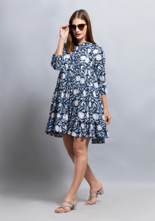 Blue Allover Printed Pure Cotton Gathered Dress