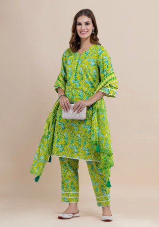 Lime Green Pure Cotton Floral Printed Kurta Pant Co-Ord Set with Dupatta