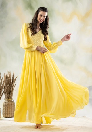 Pastel Yellow Schiffli Embroidered Flared Floor length Dress