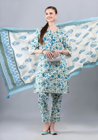 Beige & Blue Pure Cotton Floral Printed Kurta Pant Co-Ord Set With Dupatta