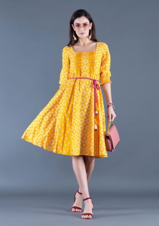 Yellow Ethnic Motif Print Cotton Flared Mini Dress