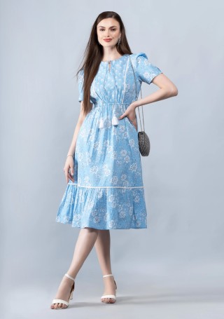 Floral Print Light Blue Cotton Flared Midi Dress