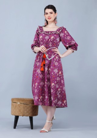Purple Ethnic Floral Motif Print Cotton Flared Midi Dress