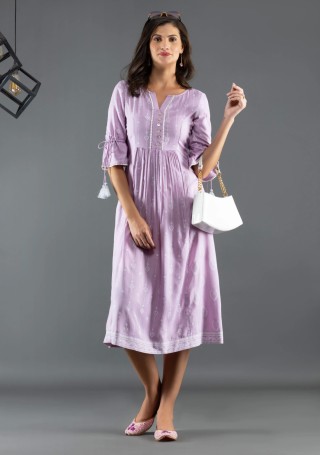 Lavender Silver Glitter & Khari Motif Printed Viscose Rayon Flared Indo-Western Dress
