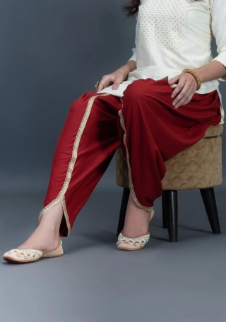 Maroon Viscose Rayon Tulip Dhoti Salwar With Zari Lace Embellished