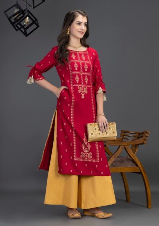 Maroon Viscose Rayon Straight Kurta with Gold Foil Placement Print