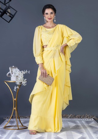 Pastel Yellow Ready-to-Wear Ruffle Saree with Stitched Embroidered Blouse