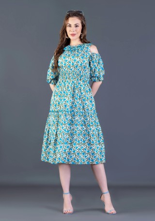 White and Turquoise Printed Cotton Flared Midi Dress
