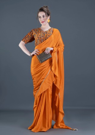 Orange Ready-to-Wear Chinnon Chiffon Ruffled Saree with Unstitched Embroidered Blouse
