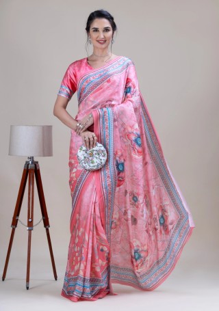 Coral Pink Multi Floral Print Light Weight Satin Georgette Saree With Unstitched Blouse