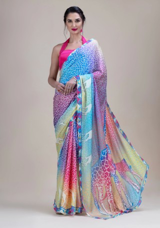 Multi Colour Giraffe Print Light Weight Satin Georgette Saree With Unstitched Blouse