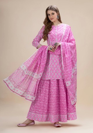 Soft Pink Screen Print Cotton Short Kurti with Skirt and Dupatta Set