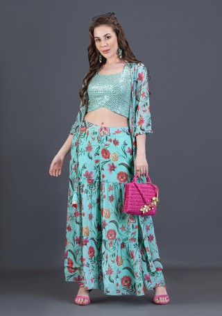 Turquoise Oriental Floral Printed Flared Cape Crop Top & Bottom Set