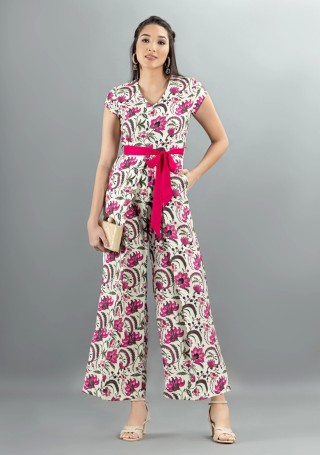 Oriental Floral Print Rayon Flared Jumpsuit