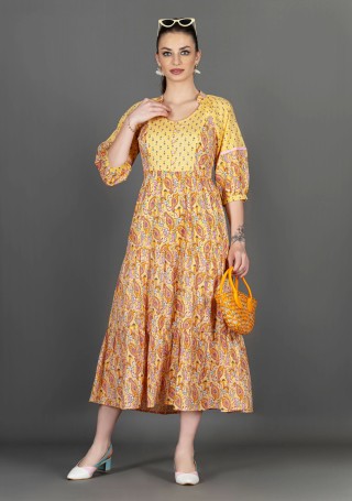 Yellow Ethnic Motif Print Cotton Tiered Midi Dress