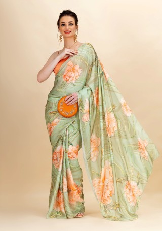 Green & Orange Printed Lightweight Satin Georgette Saree With Unstitched Blouse