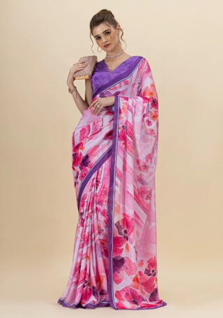 Pink & Purple Abstract Floral Printed Lightweight Satin Georgette Saree With Unstitched Blouse